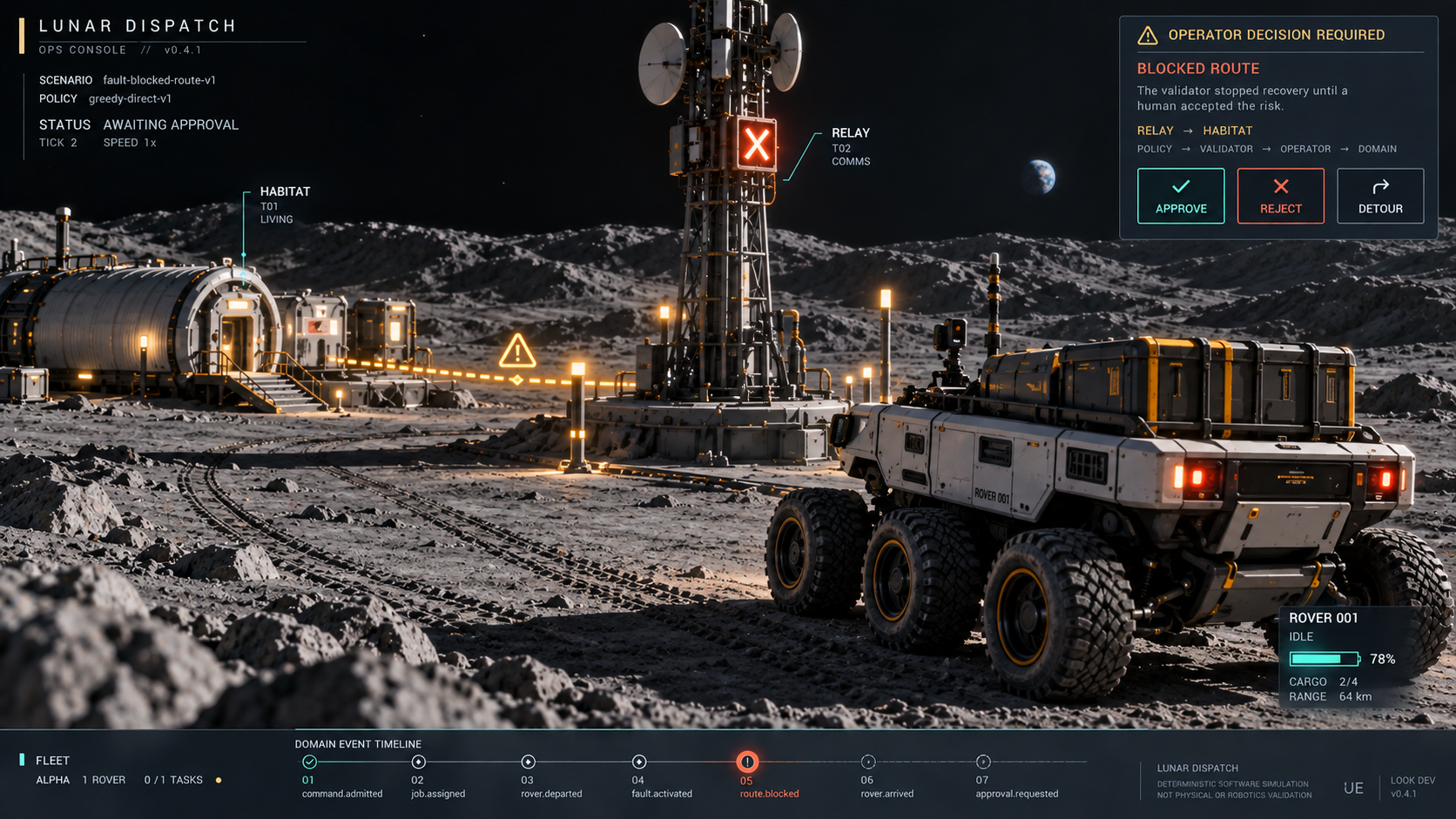 Approved Lunar Dispatch concept frame showing a six-wheel rover, relay tower, habitat, blocked route, and operator decision interface in a detailed lunar outpost.