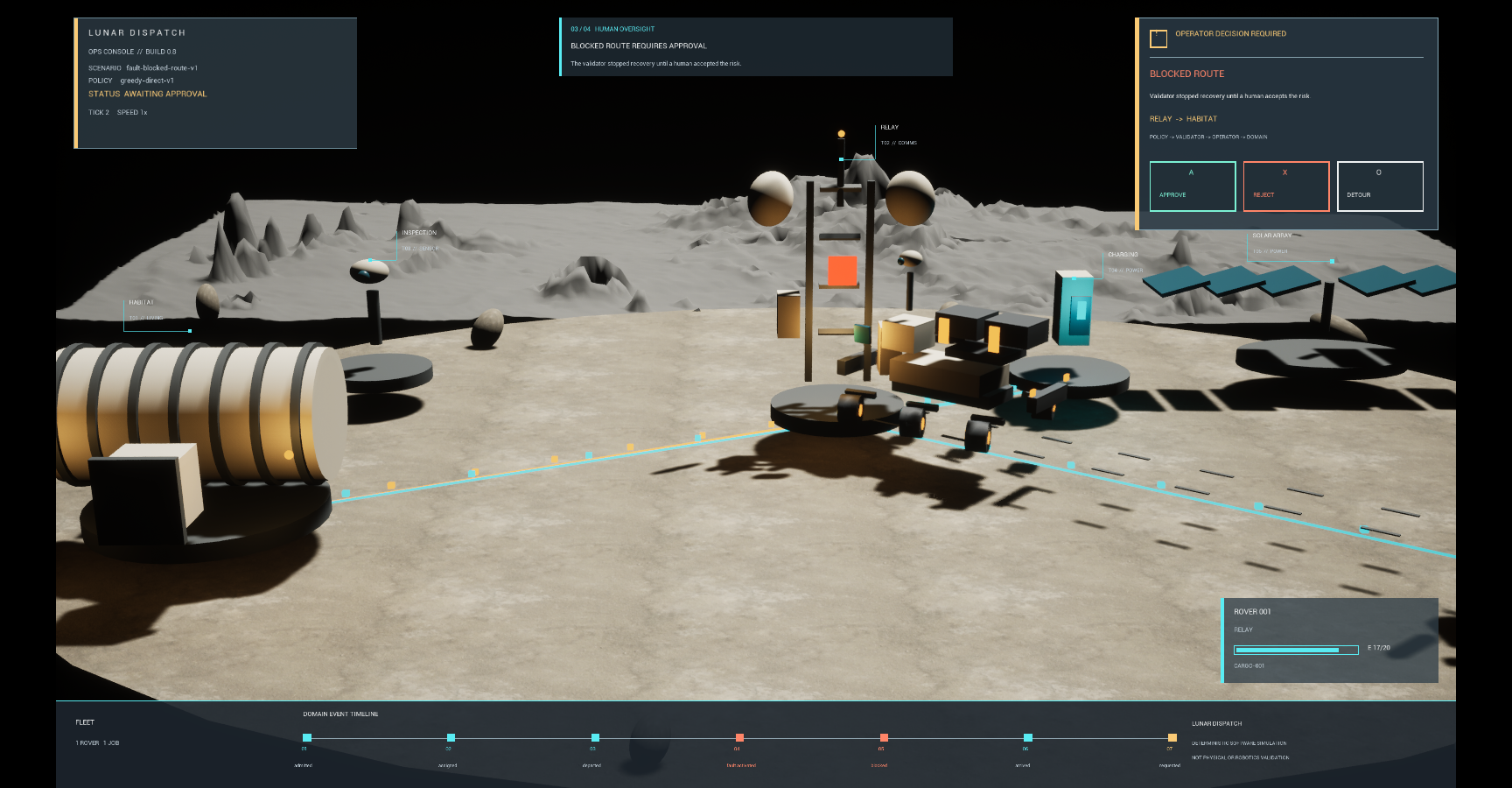 First matched Unreal Engine checkpoint showing the same approval moment built mostly from primitive rover, relay, habitat, and service-pad geometry.