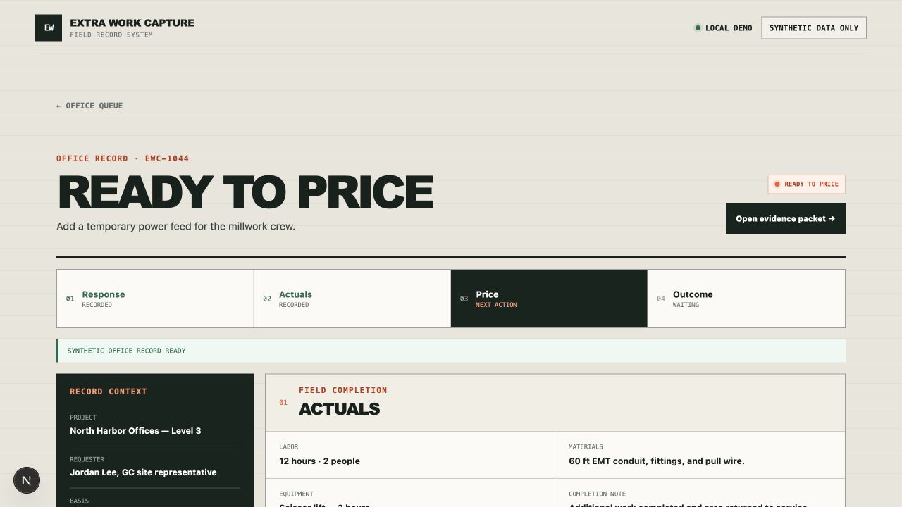 Desktop pricing and evidence workbench